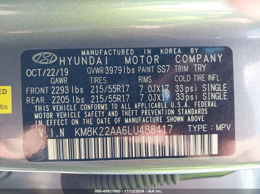 2020 Hyundai Kona Sel VIN: KM8K22AA6LU488417 Lot: 40831860