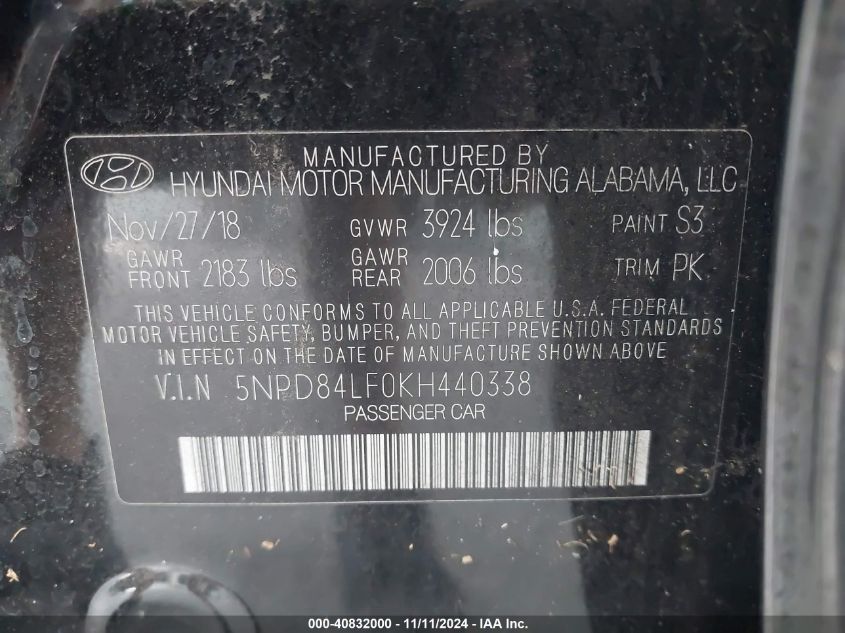 2019 Hyundai Elantra Sel VIN: 5NPD84LF0KH440338 Lot: 40832000