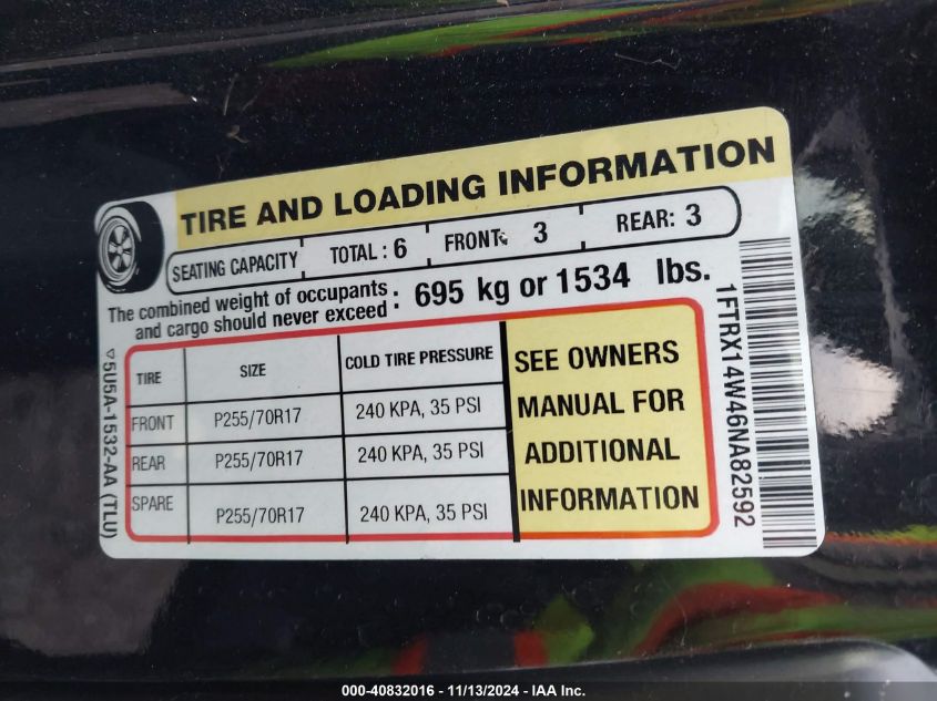 2006 Ford F-150 Stx/Xl/Xlt VIN: 1FTRX14W46NA82592 Lot: 40832016