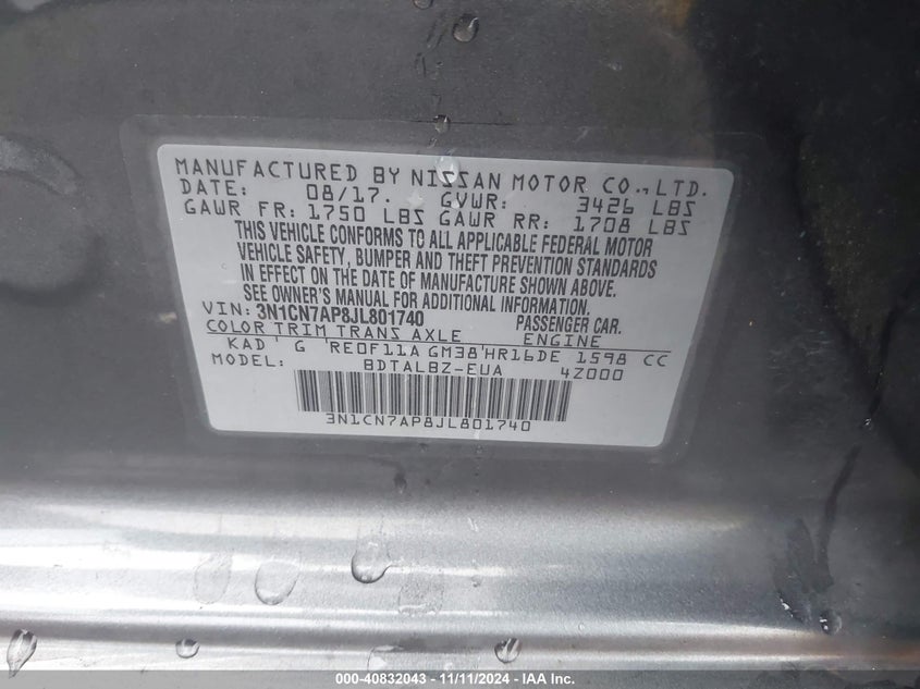 2018 NISSAN VERSA VIN: 3N1CN7AP8JL801740