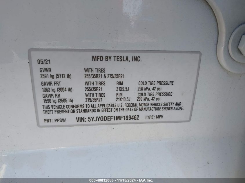 VIN 5YJYGDEF1MF189462 2021 TESLA MODEL Y PERFORMANCE DUAL MOTOR ALL-WHEEL DRIVE
