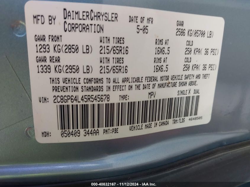 2005 CHRYSLER TOWN & COUNTRY VIN: 2C8GP64L45R545678
