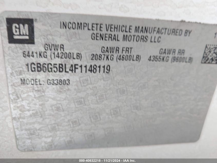 2015 Chevrolet Express Cutaway 4500 Diesel VIN: 1GB6G5BL4F1148119 Lot: 40832218