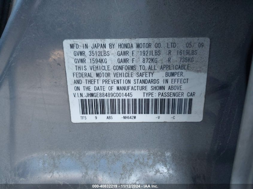 2009 HONDA FIT VIN: JHMGE88489C001445