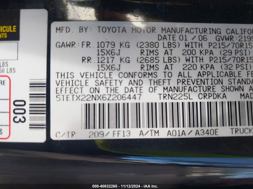 2006 Toyota Tacoma VIN: 5TETX22NX6Z206447 Lot: 40832265