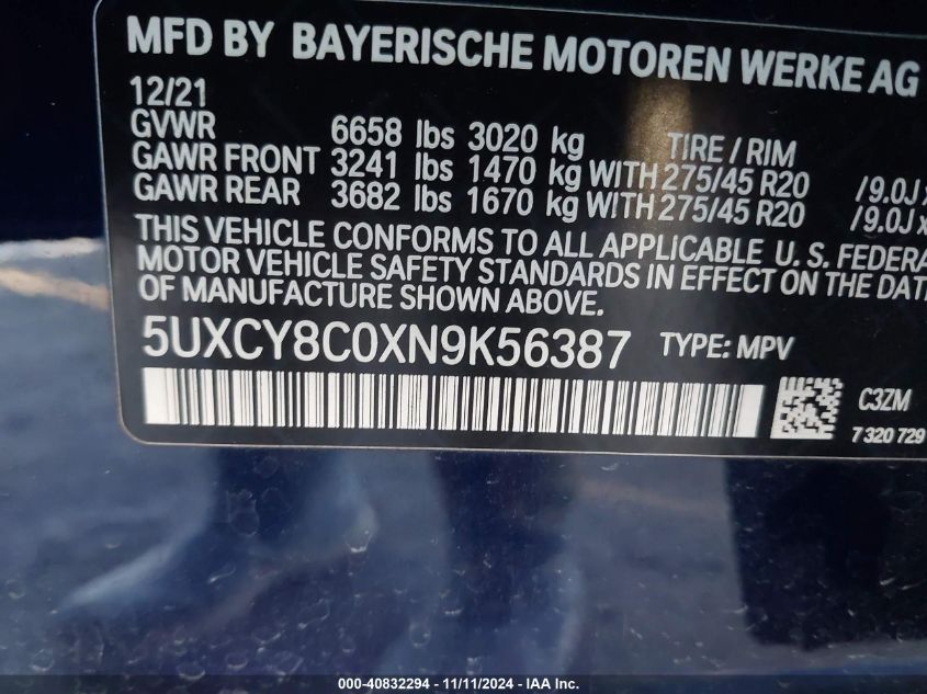 2022 BMW X6 M50I VIN: 5UXCY8C0XN9K56387 Lot: 40832294