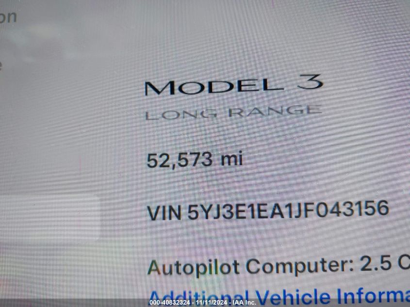 2018 Tesla Model 3 Long Range/Mid Range VIN: 5YJ3E1EA1JF043156 Lot: 40832324