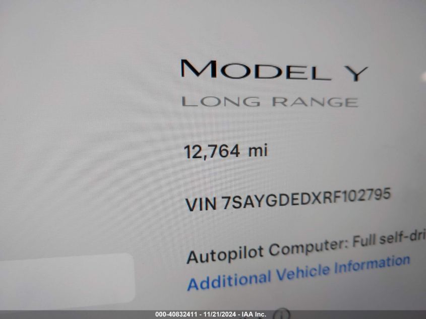 2024 Tesla Model Y Long Range Dual Motor All-Wheel Drive/Rwd VIN: 7SAYGDEDXRF102795 Lot: 40832411