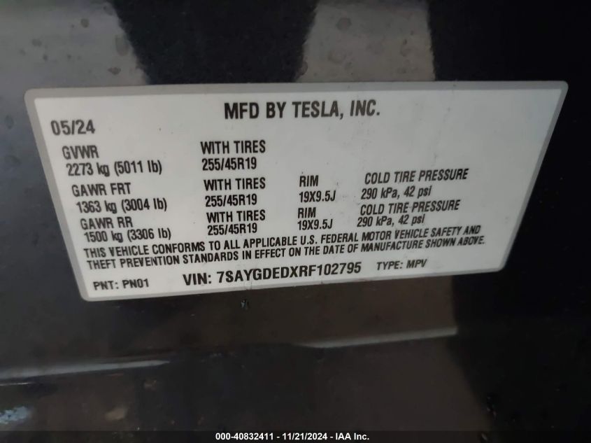 2024 Tesla Model Y Long Range Dual Motor All-Wheel Drive/Rwd VIN: 7SAYGDEDXRF102795 Lot: 40832411