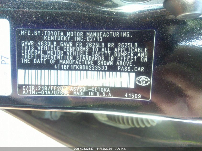 2013 Toyota Camry Se VIN: 4T1BF1FK8DU223533 Lot: 40832447