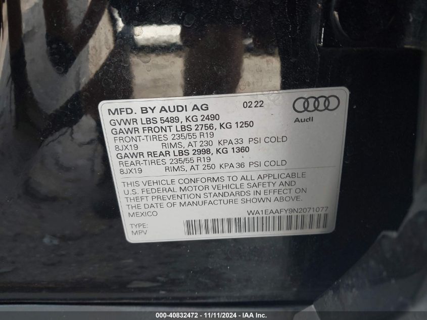 2022 Audi Q5 Premium Plus 45 Tfsi S Line Quattro S Tronic VIN: WA1EAAFY9N2071077 Lot: 40832472