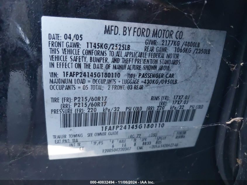 2005 Ford Five Hundred Sel VIN: 1FAFP24145G180110 Lot: 40832494