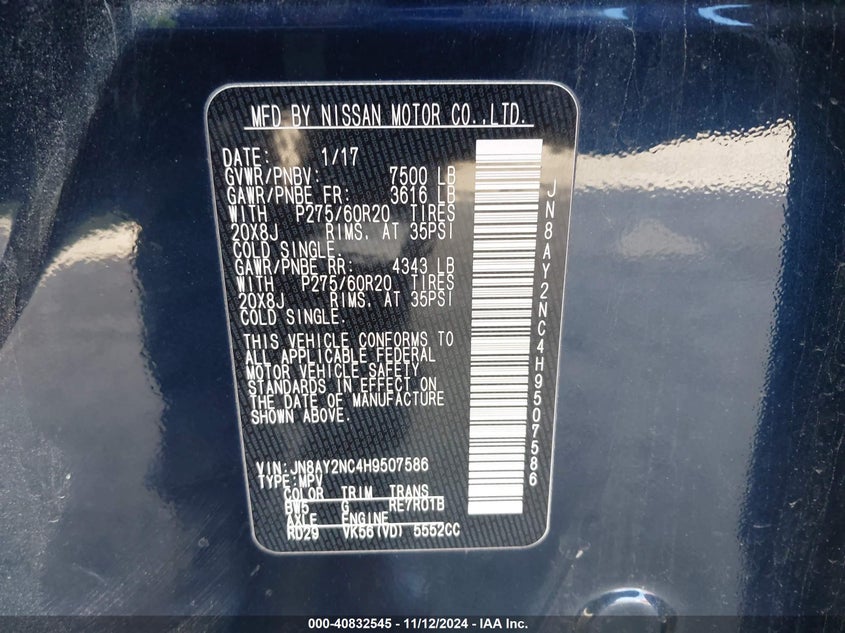 2017 NISSAN ARMADA VIN: JN8AY2NC4H9507586