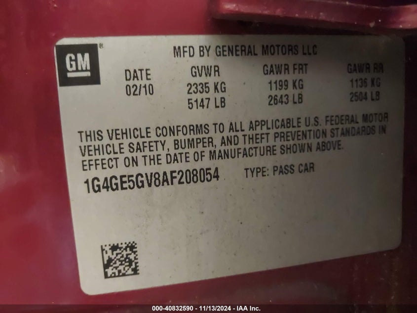 2010 BUICK LACROSSE VIN: 1G4GE5GV8AF208054