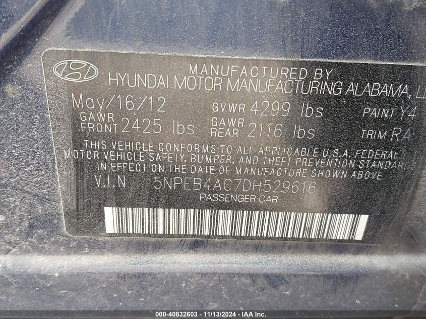 2013 Hyundai Sonata Gls VIN: 5NPEB4AC7DH529616 Lot: 40832603