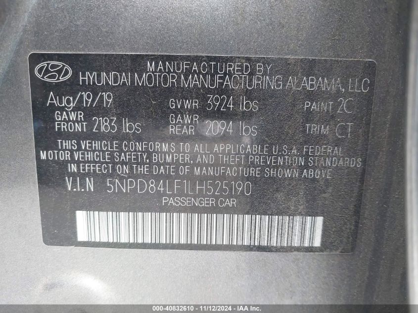 VIN 5NPD84LF1LH525190 2020 Hyundai Elantra, Sel no.9