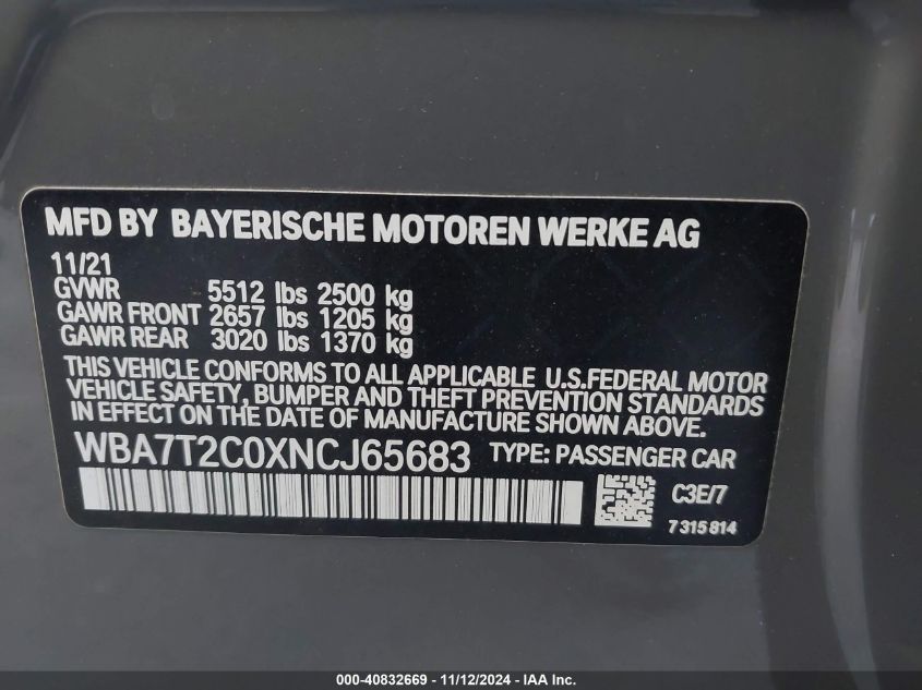 2022 BMW 740 I VIN: WBA7T2C0XNCJ65683 Lot: 40832669