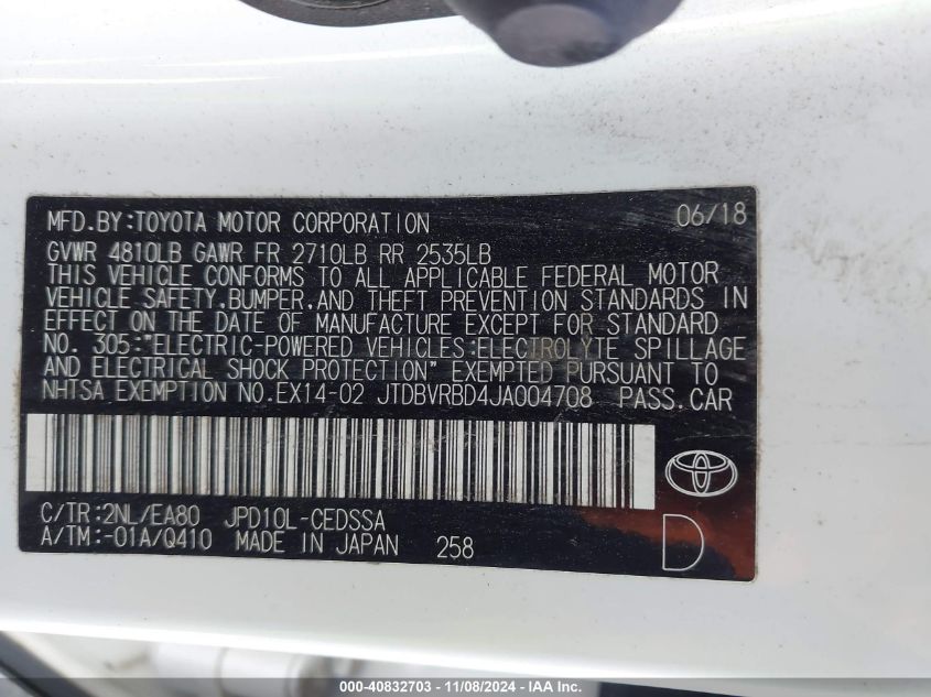 2018 Toyota Mirai VIN: JTDBVRBD4JA004708 Lot: 40832703