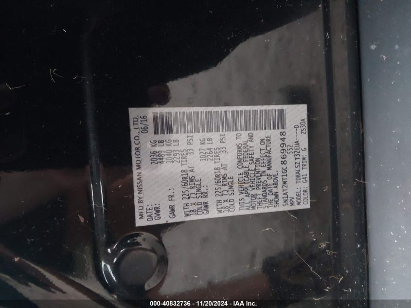 2016 Nissan Rogue Sl VIN: 5N1AT2MT1GC869948 Lot: 40832736