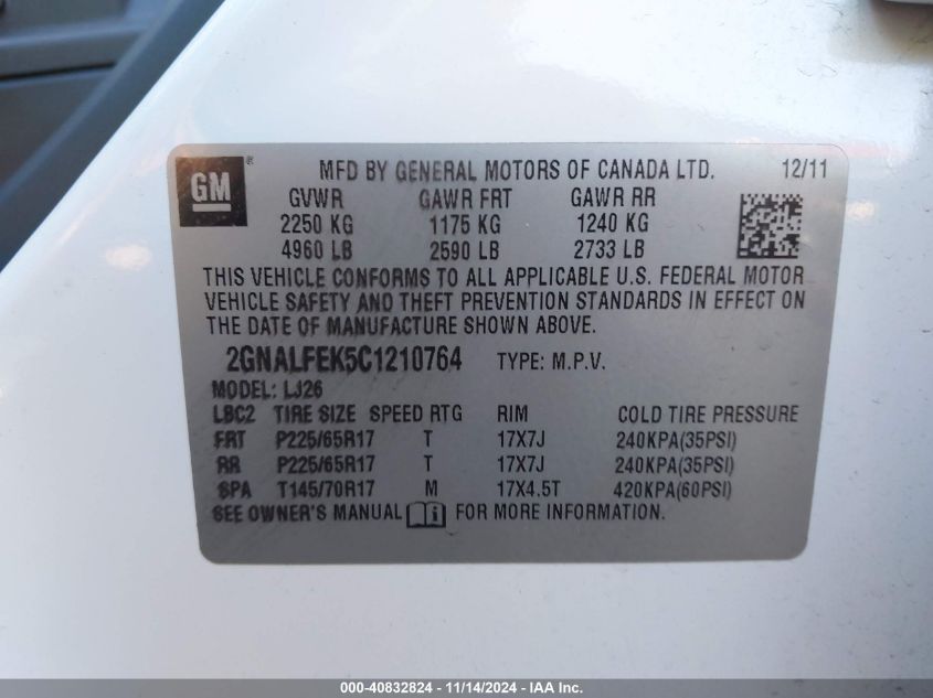 2012 CHEVROLET EQUINOX VIN: 2GNALFEK5C1210764