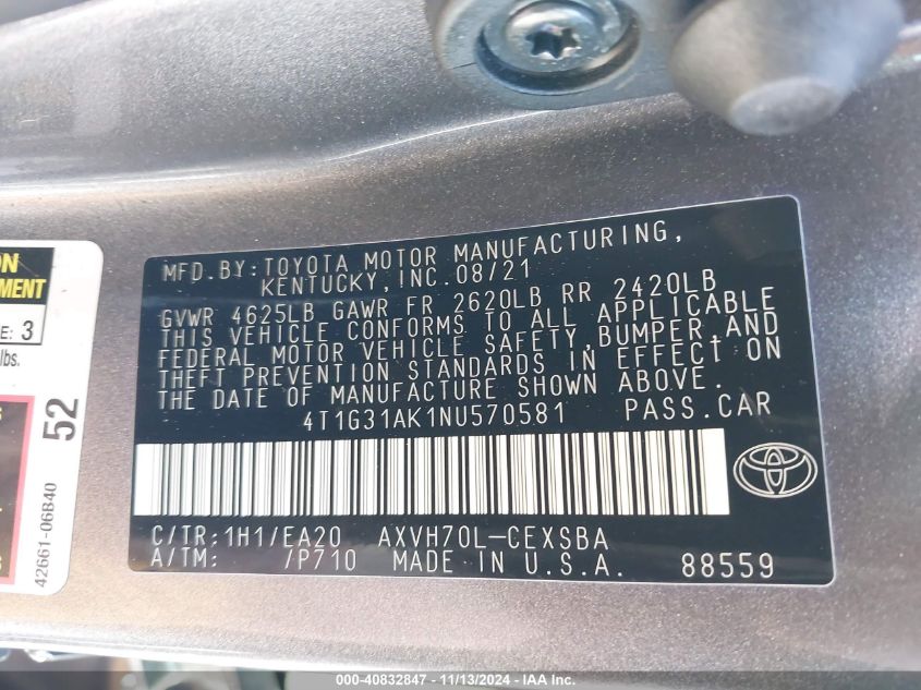 2022 Toyota Camry Se Hybrid VIN: 4T1G31AK1NU570581 Lot: 40832847