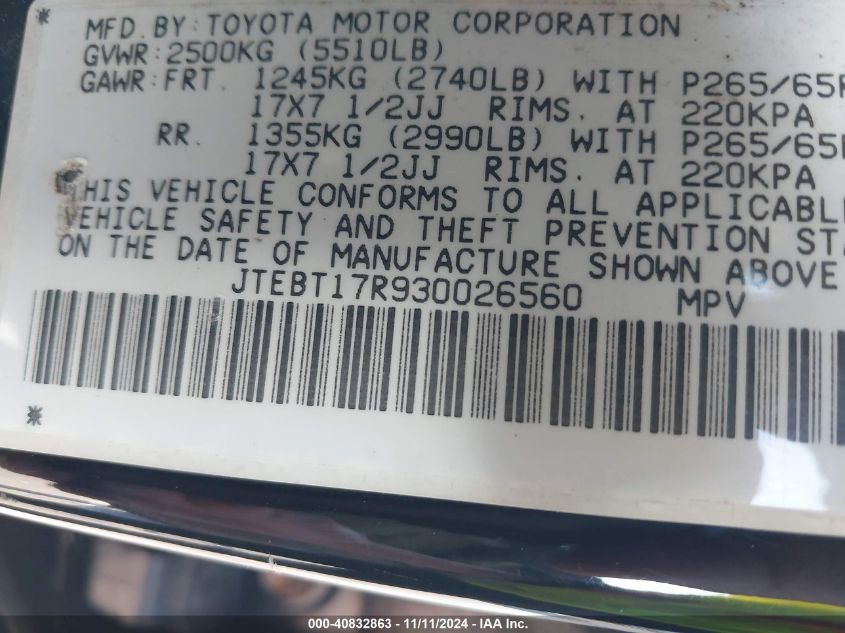 2003 Toyota 4Runner Limited V8 VIN: JTEBT17R930026560 Lot: 40832863