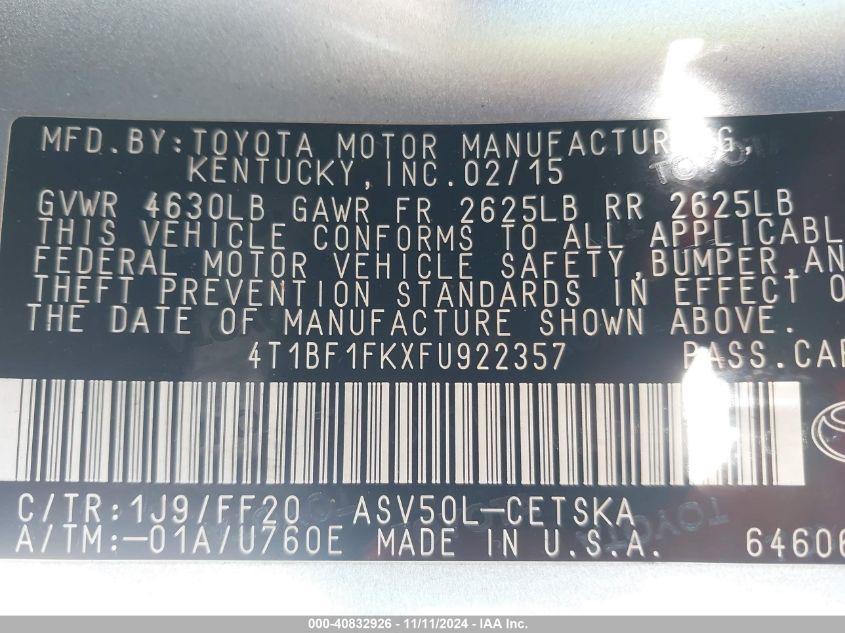 2015 Toyota Camry Le/Xle/Se/Xse VIN: 4T1BF1FKXFU922357 Lot: 40832926