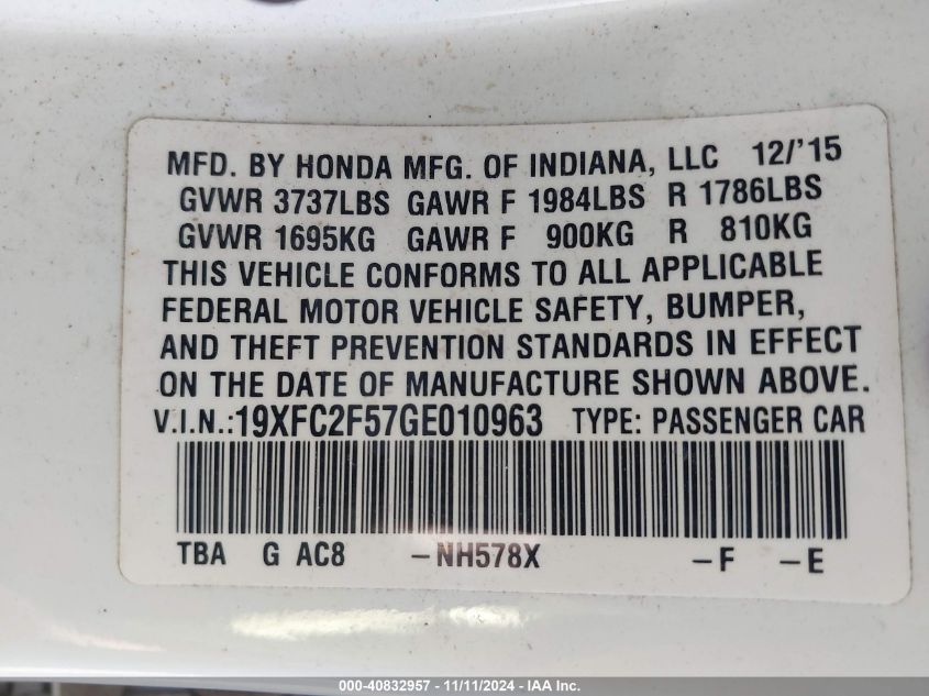 2016 Honda Civic Lx VIN: 19XFC2F57GE010963 Lot: 40832957