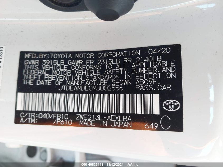 2021 Toyota Corolla Hybrid Le VIN: JTDEAMDE0MJ002556 Lot: 40833119