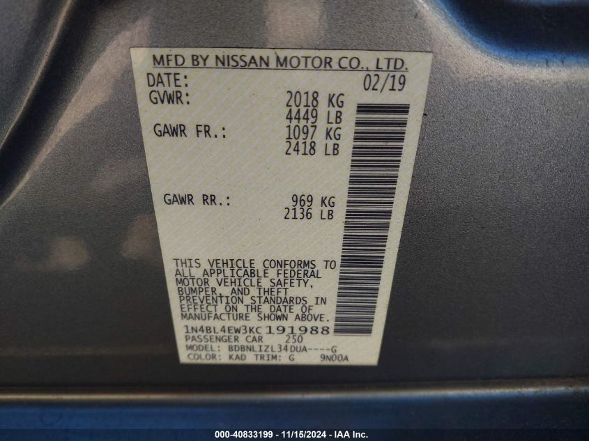 2019 NISSAN ALTIMA VIN: 1N4BL4EW3KC191988