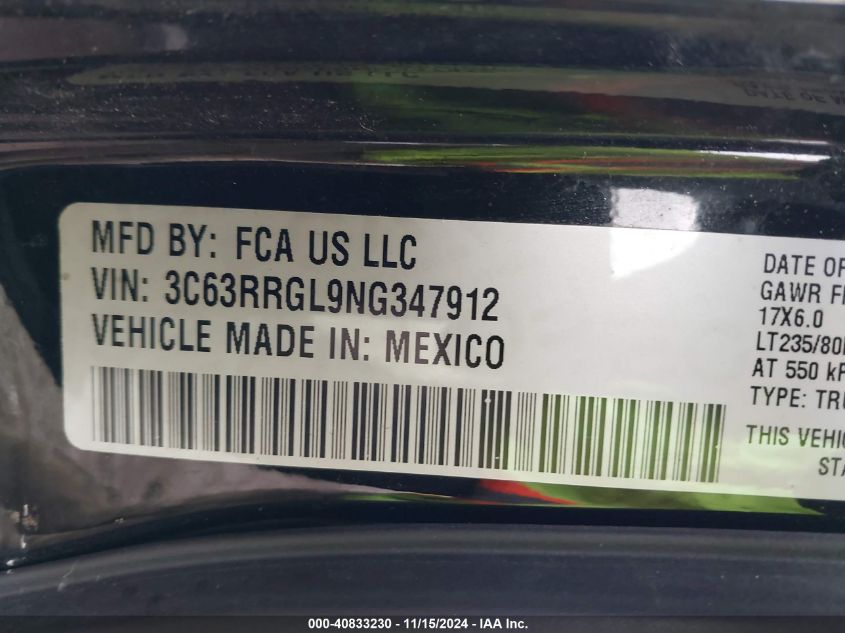 2022 Ram 3500 Tradesman 4X4 8' Box VIN: 3C63RRGL9NG347912 Lot: 40833230