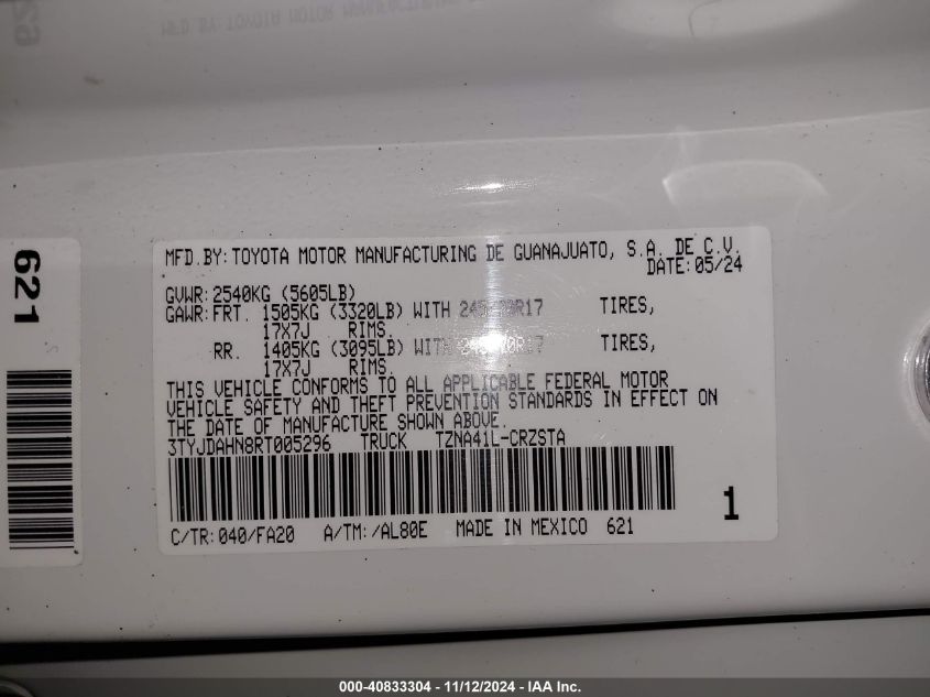 2024 Toyota Tacoma Sr VIN: 3TYJDAHN8RT005296 Lot: 40833304