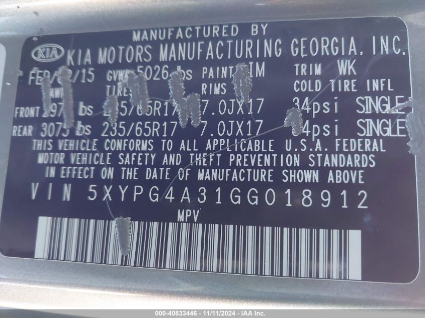 2016 KIA SORENTO VIN: 5XYPG4A31GG018912