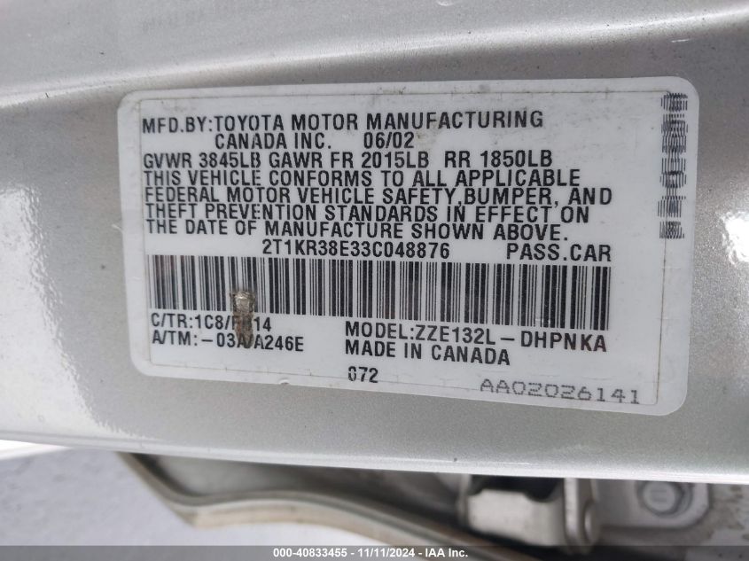 2003 Toyota Matrix Xr VIN: 2T1KR38E33C048876 Lot: 40833455