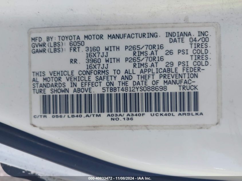 2000 Toyota Tundra Ltd V8 VIN: 5TBBT4812YS088698 Lot: 40833472