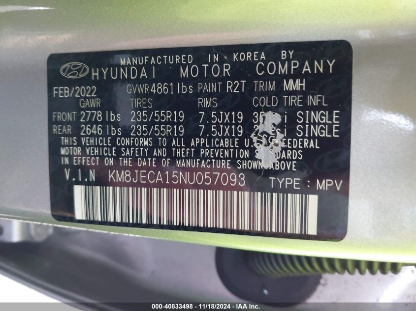 2022 Hyundai Tucson Hybrid Limited VIN: KM8JECA15NU057093 Lot: 40833498