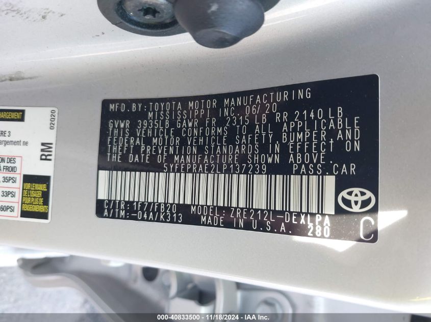 2020 TOYOTA COROLLA LE - 5YFEPRAE2LP137239