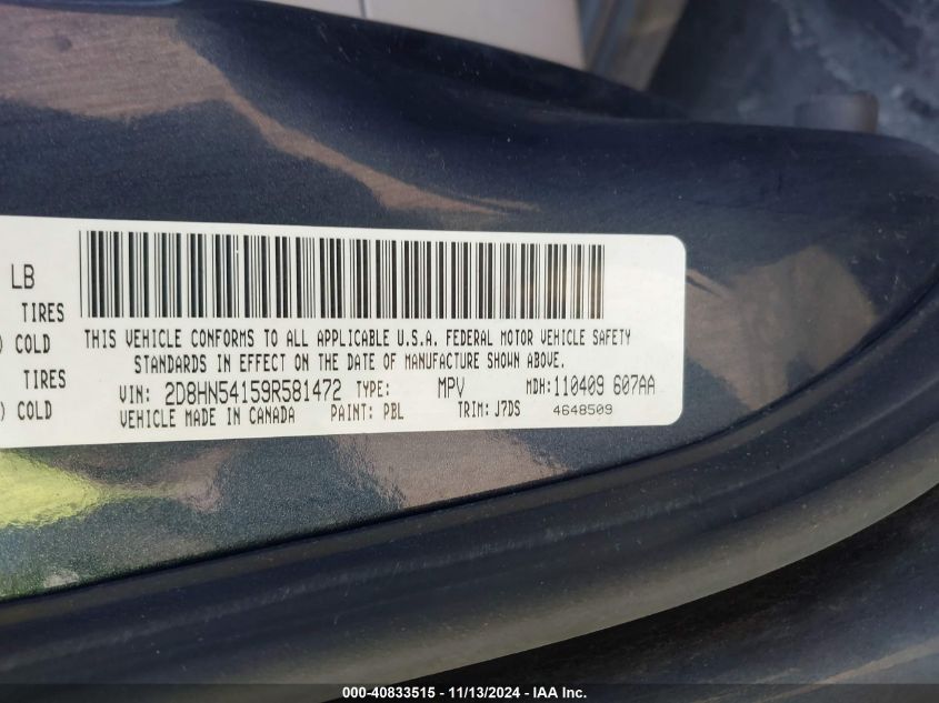 2009 Dodge Grand Caravan Sxt VIN: 2D8HN54159R581472 Lot: 40833515