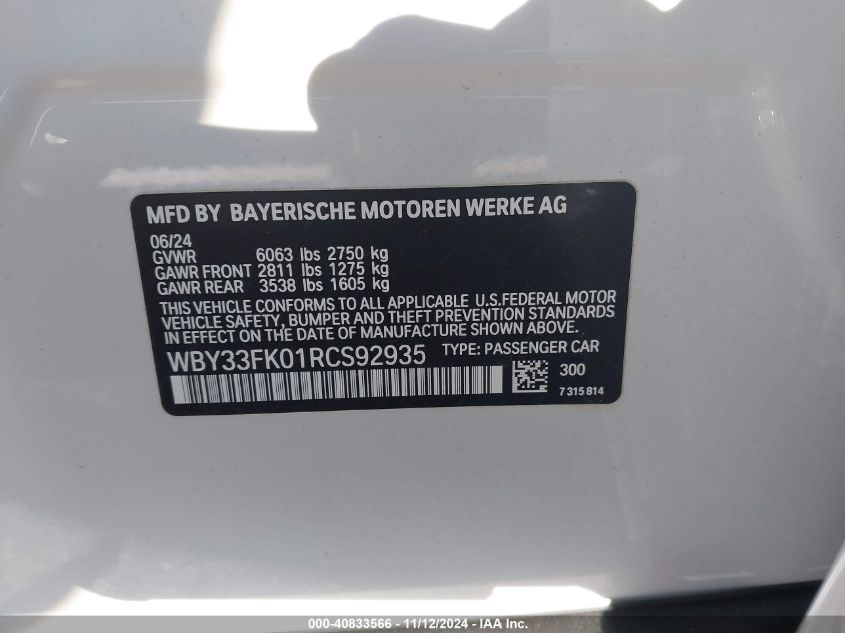 2024 BMW I5 Edrive40 VIN: WBY33FK01RCS92935 Lot: 40833566