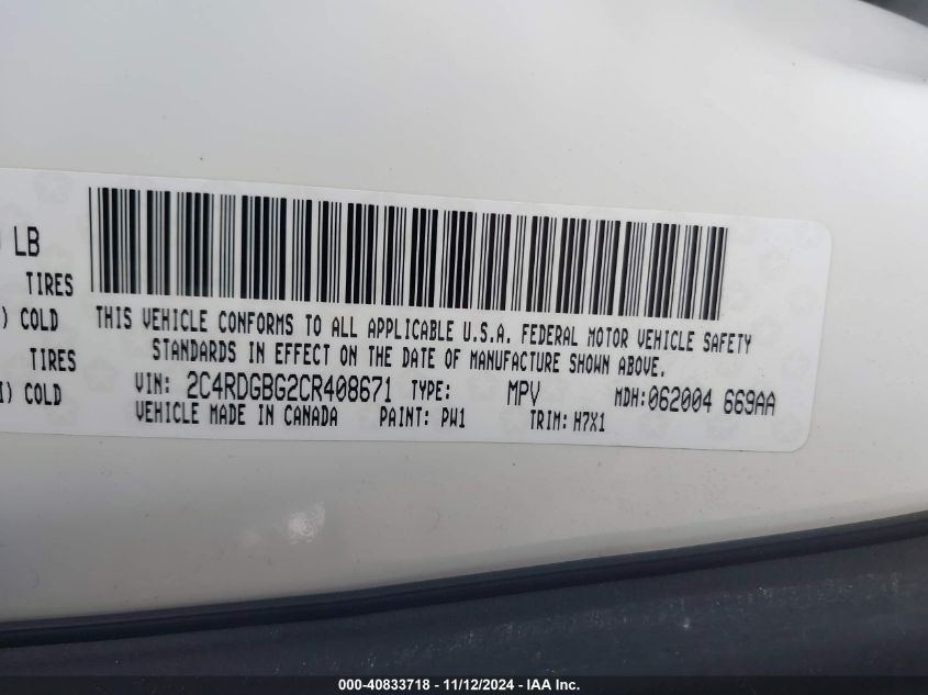 2012 Dodge Grand Caravan Se/Avp VIN: 2C4RDGBG2CR408671 Lot: 40833718