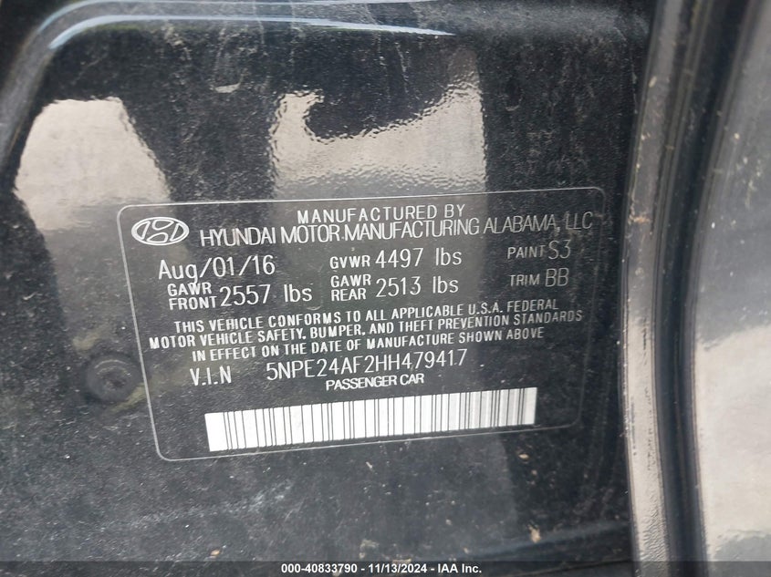 VIN 5NPE24AF2HH479417 2017 HYUNDAI SONATA SE