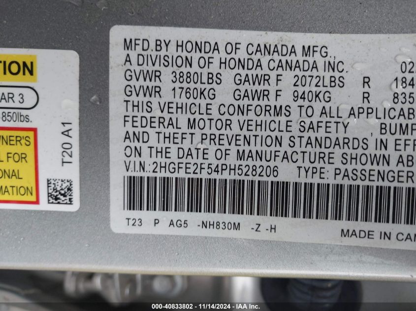 VIN 2HGFE2F54PH528206 2023 Honda Civic, Sport no.9