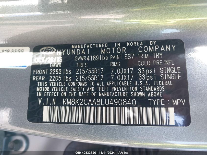 2020 Hyundai Kona Sel VIN: KM8K2CAA8LU490840 Lot: 40833826