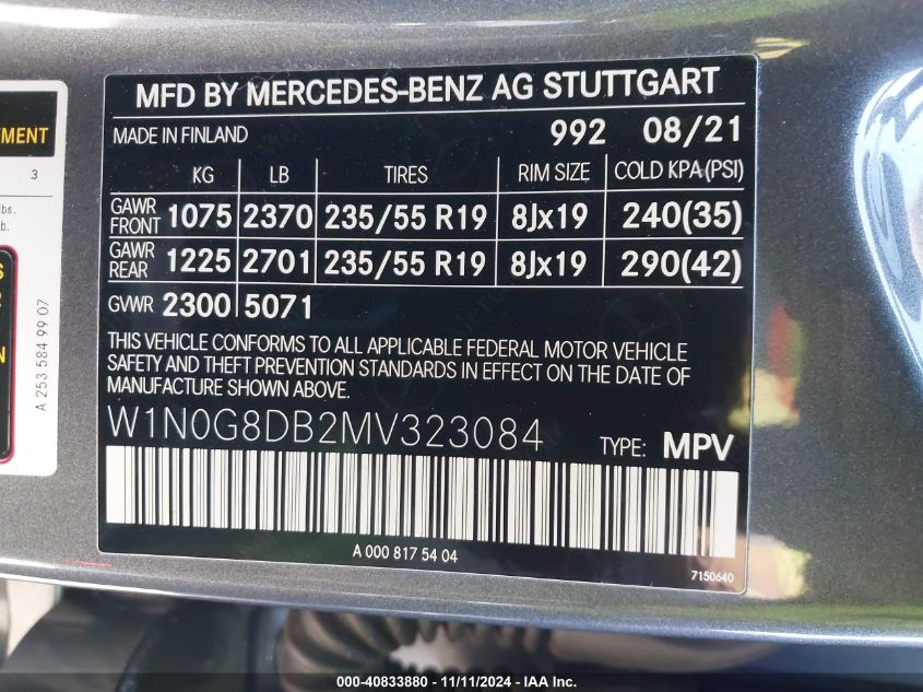 2021 Mercedes-Benz Glc Suv VIN: W1N0G8DB2MV323084 Lot: 40833880