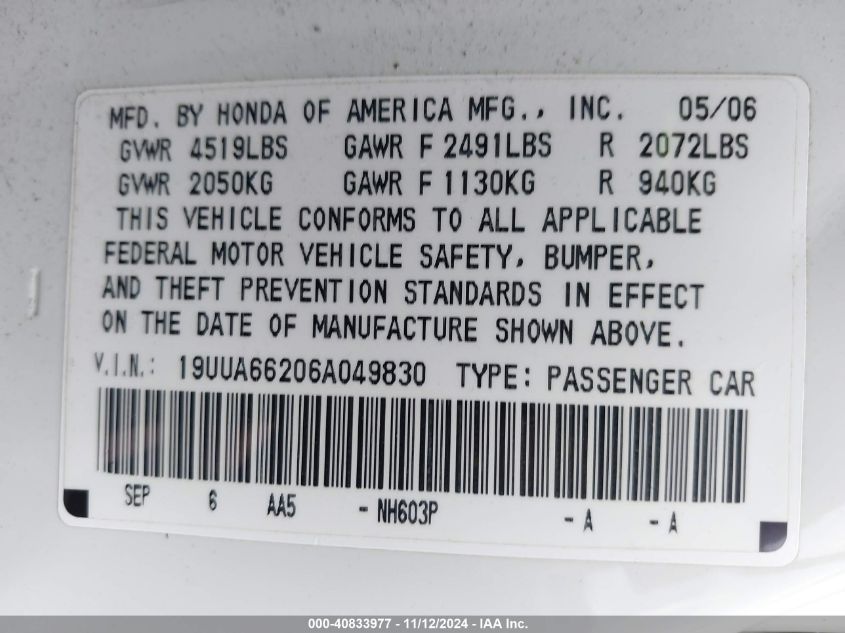 2006 Acura Tl VIN: 19UUA66206A049830 Lot: 40833977