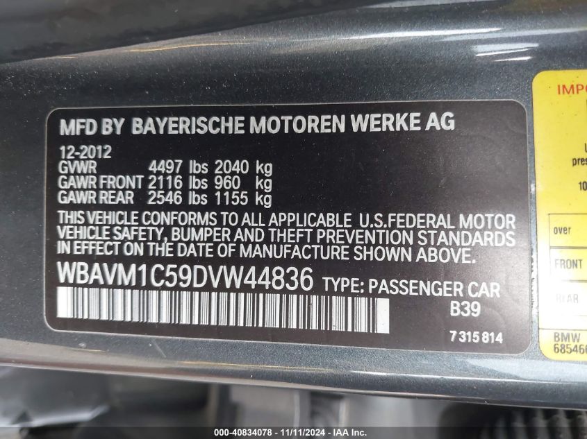 2013 BMW X1 Sdrive28I VIN: WBAVM1C59DVW44836 Lot: 40834078