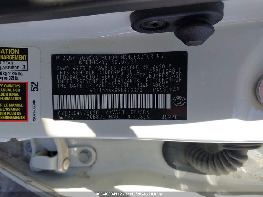 2021 TOYOTA CAMRY VIN: 4T1T11AK9MU486673