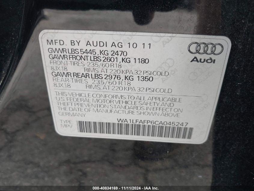 2012 Audi Q5 2.0T Premium VIN: WA1LFAFP6CA045247 Lot: 40834169