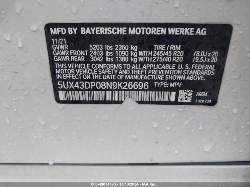 2022 BMW X3 SDRIVE30I - 5UX43DP08N9K26696