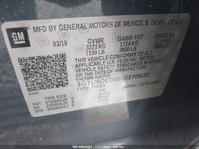 VIN 3GTU9DED6KG170632 2019 GMC Sierra, 1500 Slt no.9